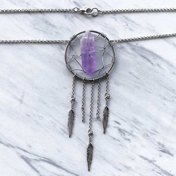 Dream catcher necklace . Genuine amethyst crystal gemstone boho wire wrap stones - Picture 4 of 8